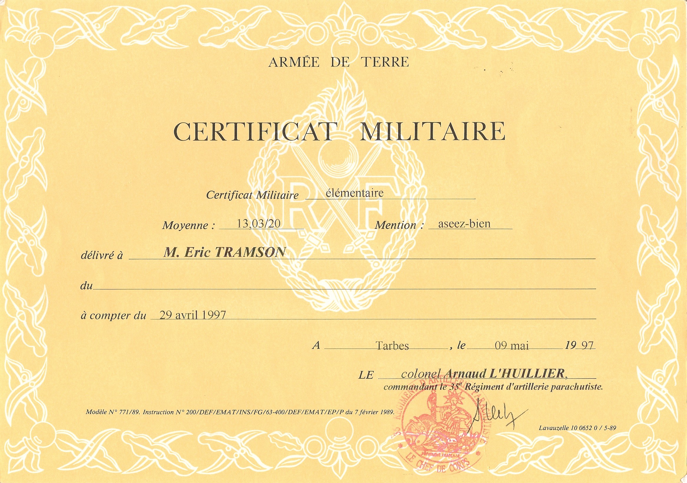 Diplôme du certificat militaire du 132 B.C.A.T. à Suippe (51)